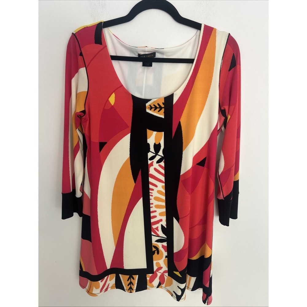 Eva Varro‎ Sz L Hot Pink Artsy Abstract Print Tunic Top Shirt Stretch Blouse